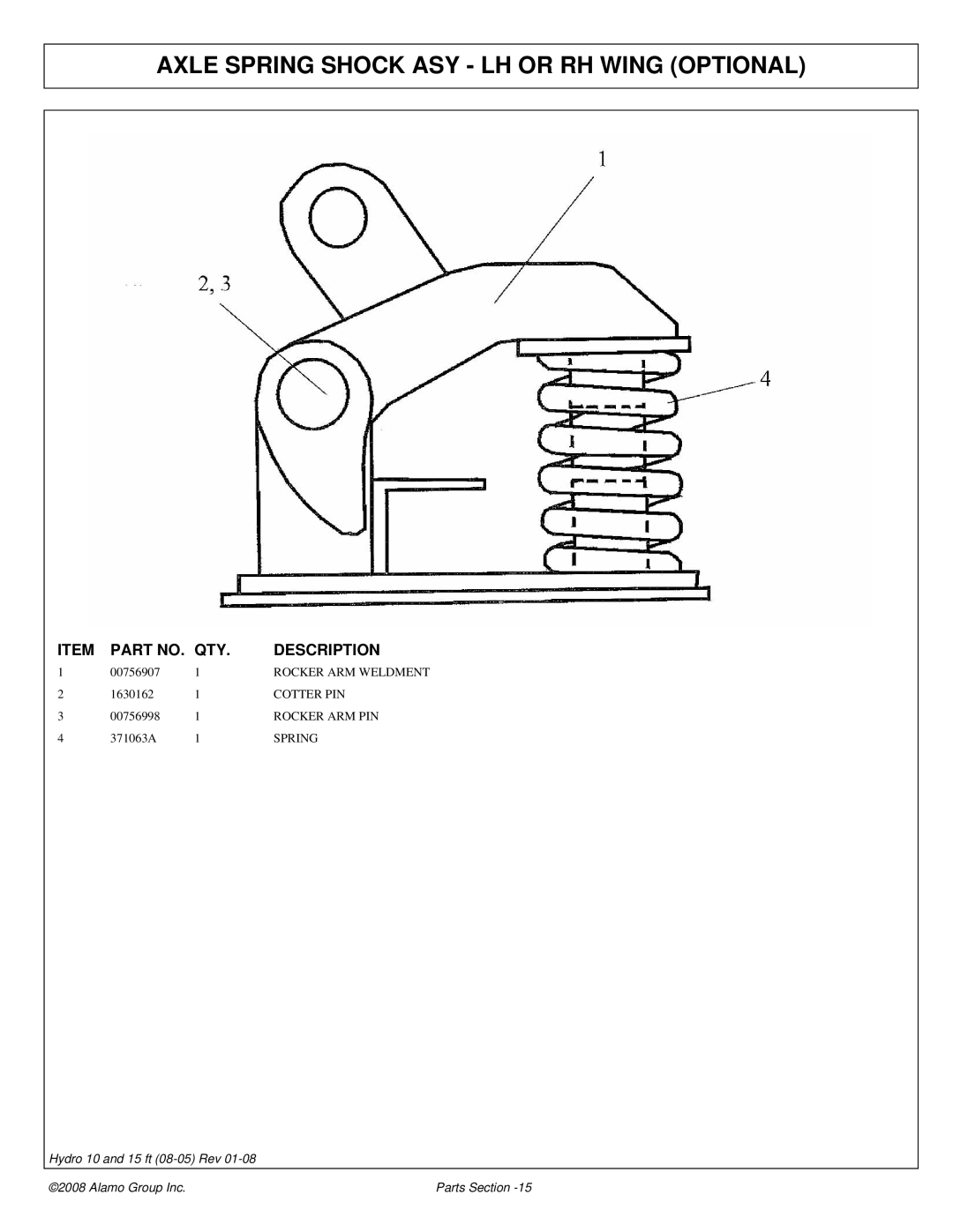 Alamo 15 manual Axle Spring Shock ASY LH or RH Wing Optional 