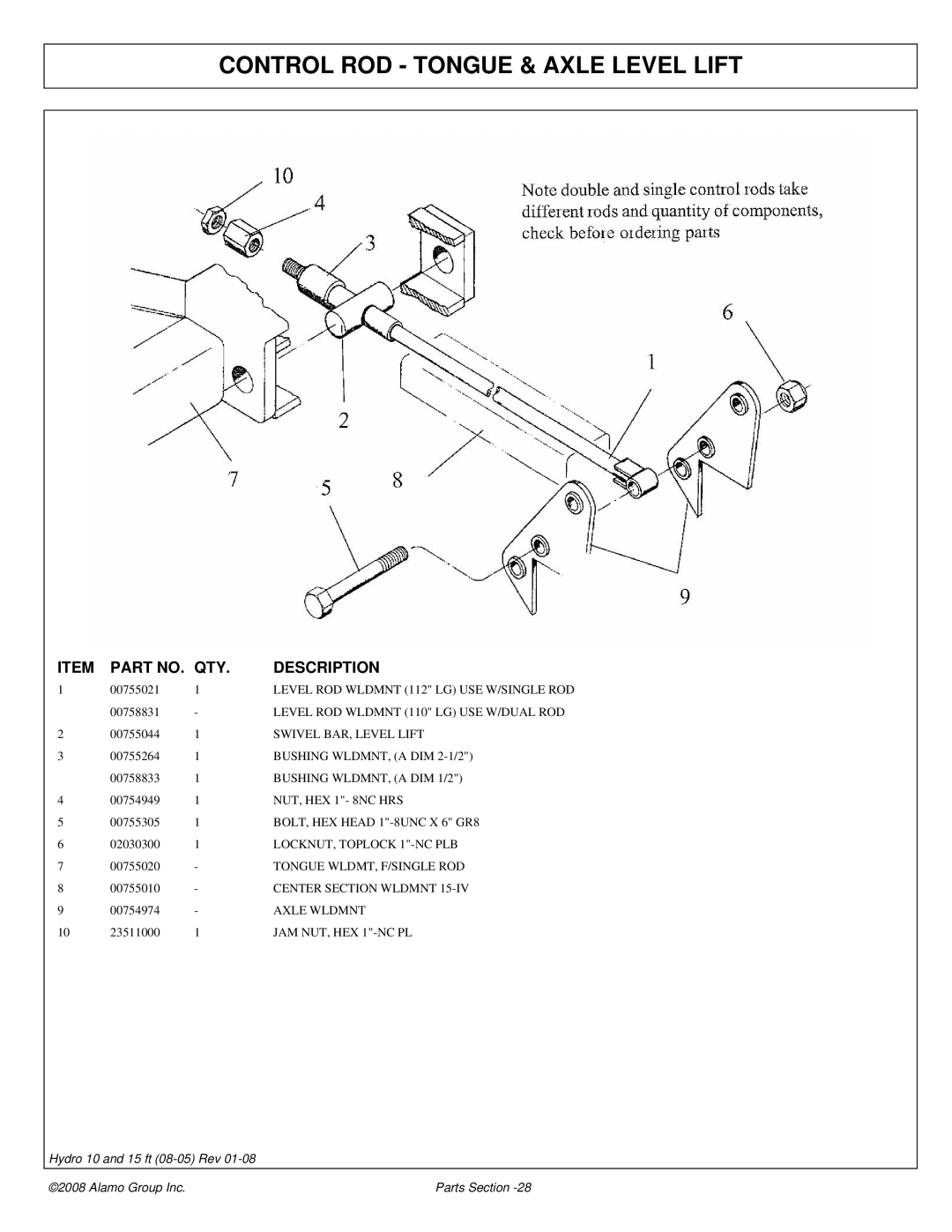 Alamo 15 manual Control ROD Tongue & Axle Level Lift 