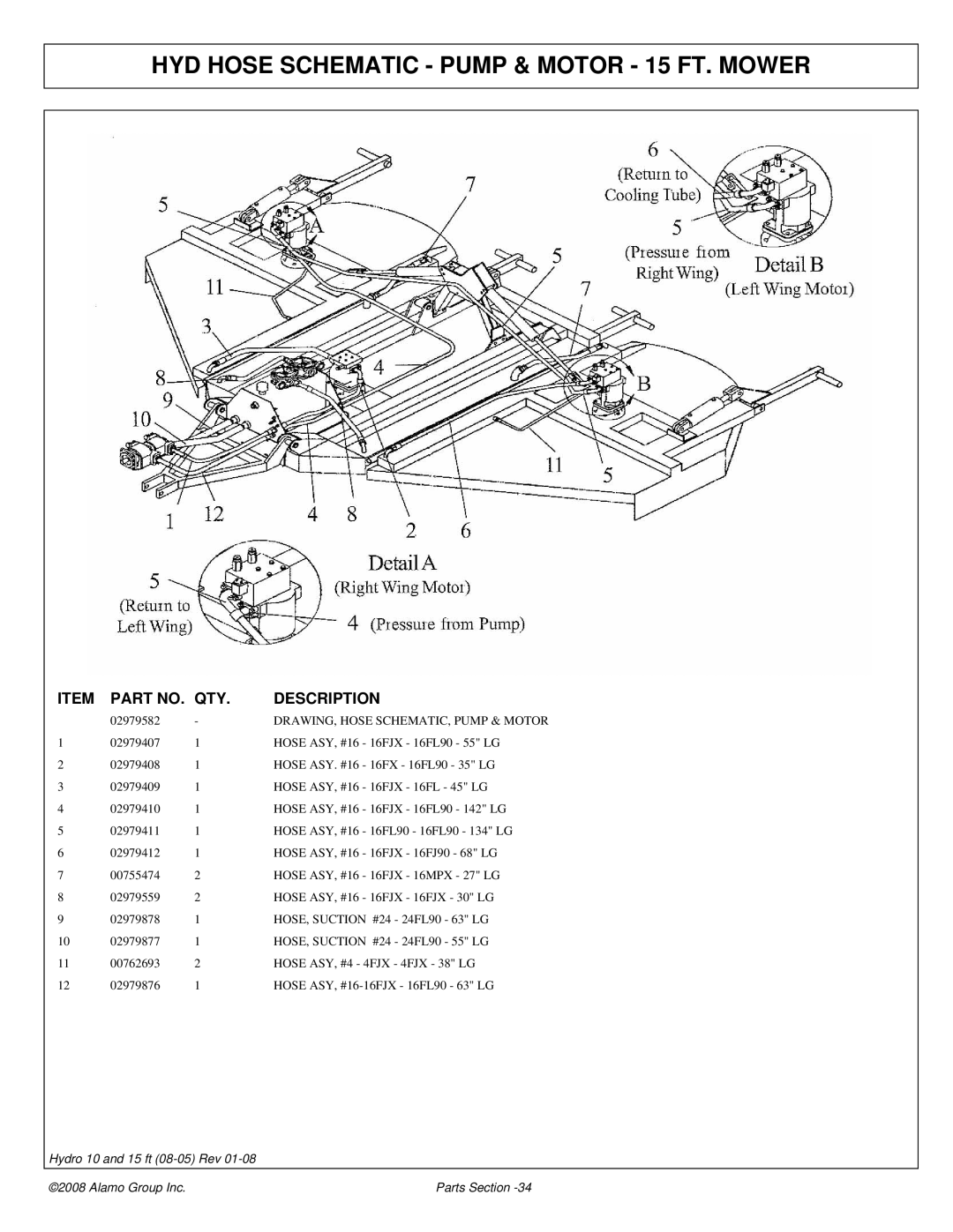 Alamo manual HYD Hose Schematic Pump & Motor 15 FT. Mower 