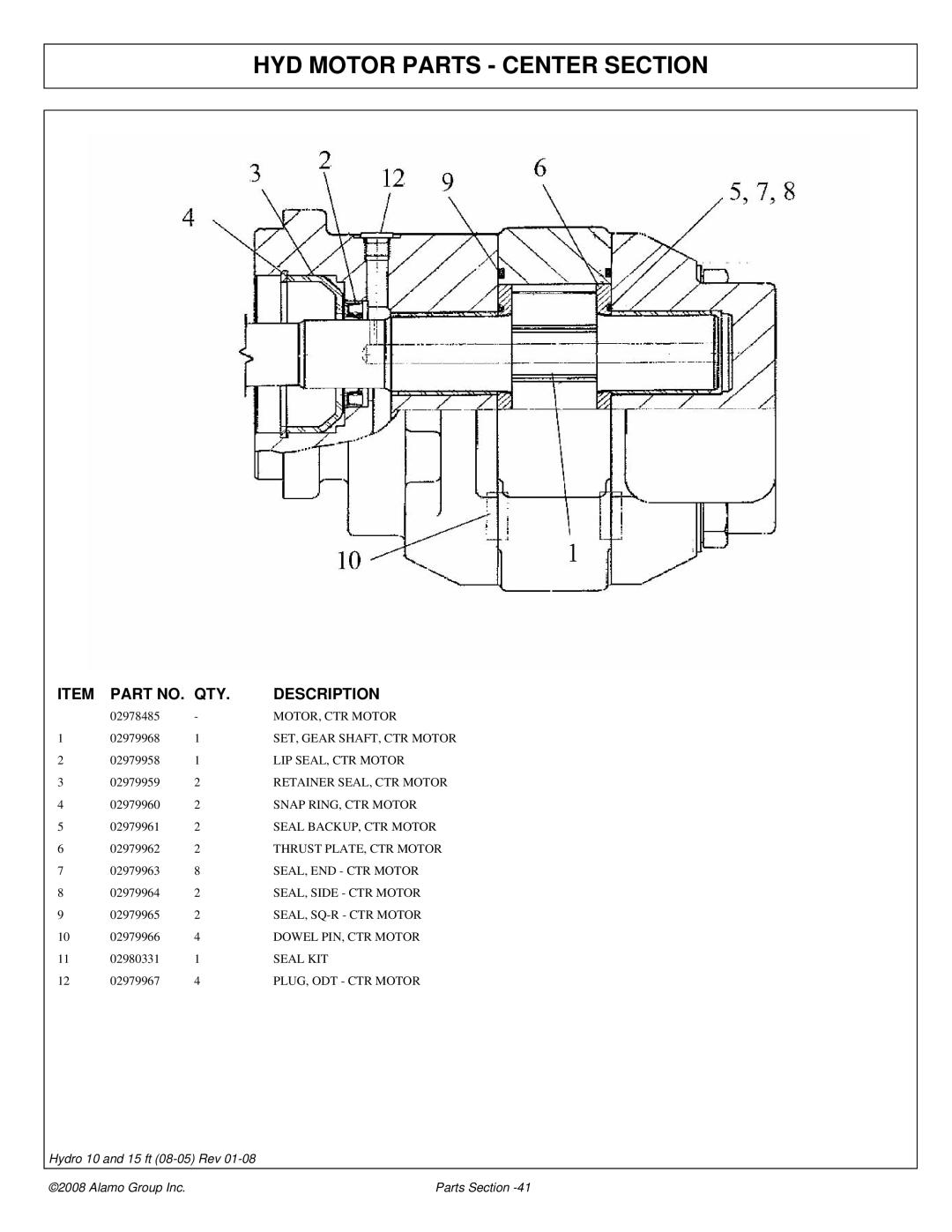 Alamo 15 manual HYD Motor Parts Center Section 