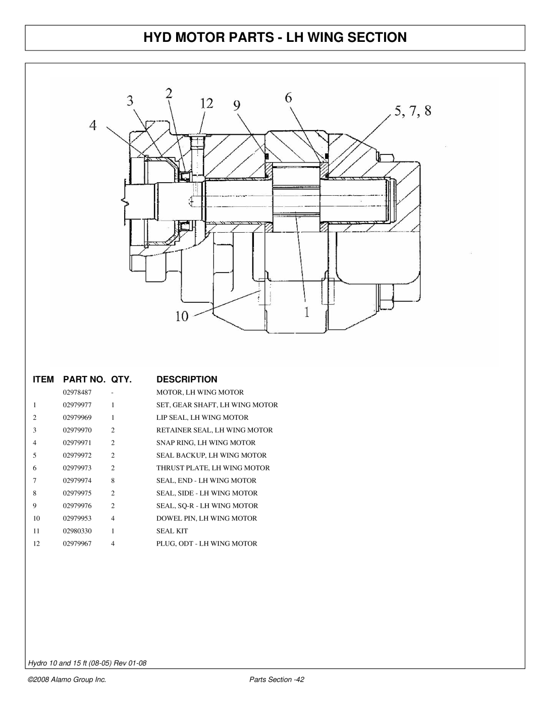 Alamo 15 manual HYD Motor Parts LH Wing Section 