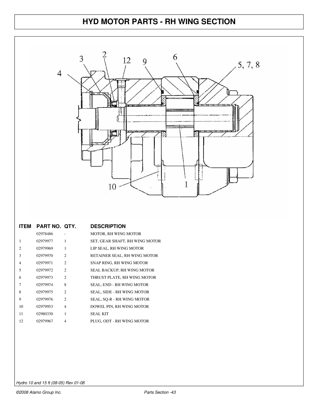 Alamo 15 manual HYD Motor Parts RH Wing Section 