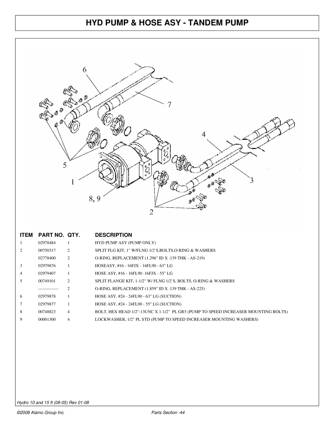 Alamo 15 manual HYD Pump & Hose ASY Tandem Pump, Split FLG KIT, 1 W/FLNG 1/2`S,BOLTS,O-RING & Washers 