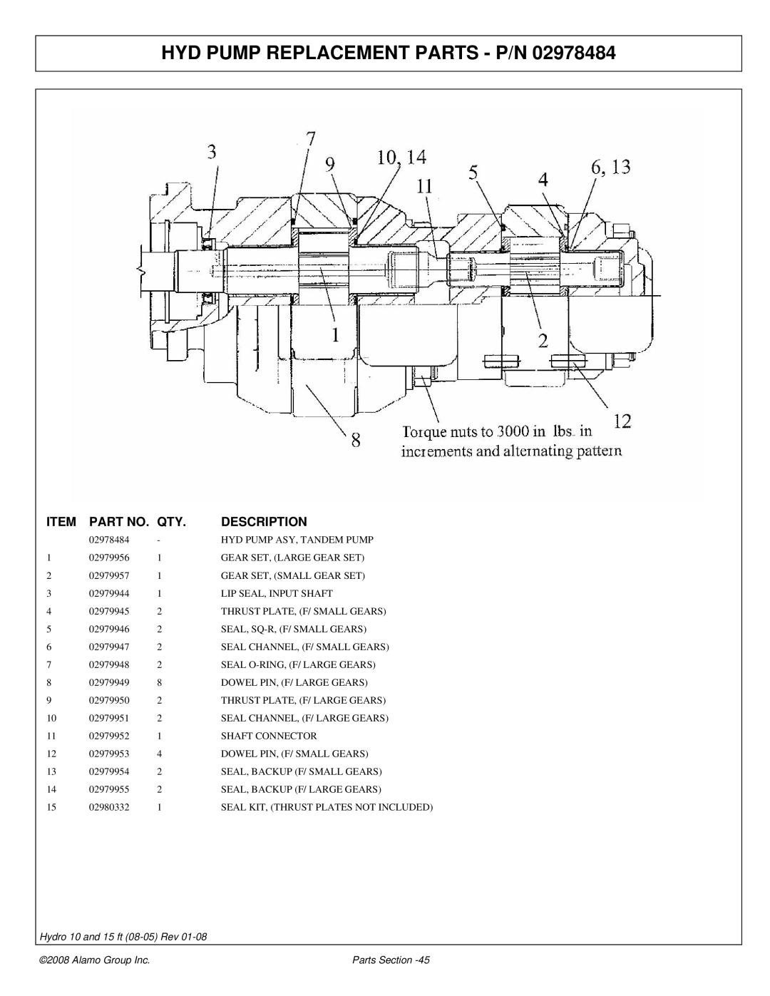 Alamo 15 manual HYD Pump Replacement Parts P/N 