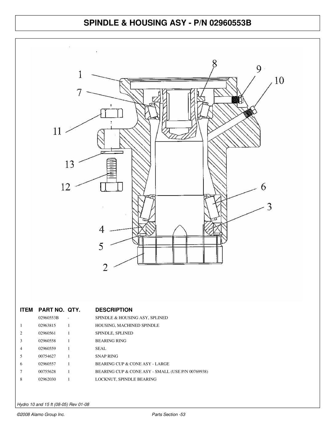 Alamo 15 manual Spindle & Housing ASY P/N 02960553B 