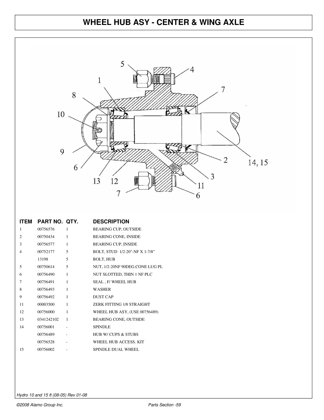 Alamo 15 manual Wheel HUB ASY Center & Wing Axle 