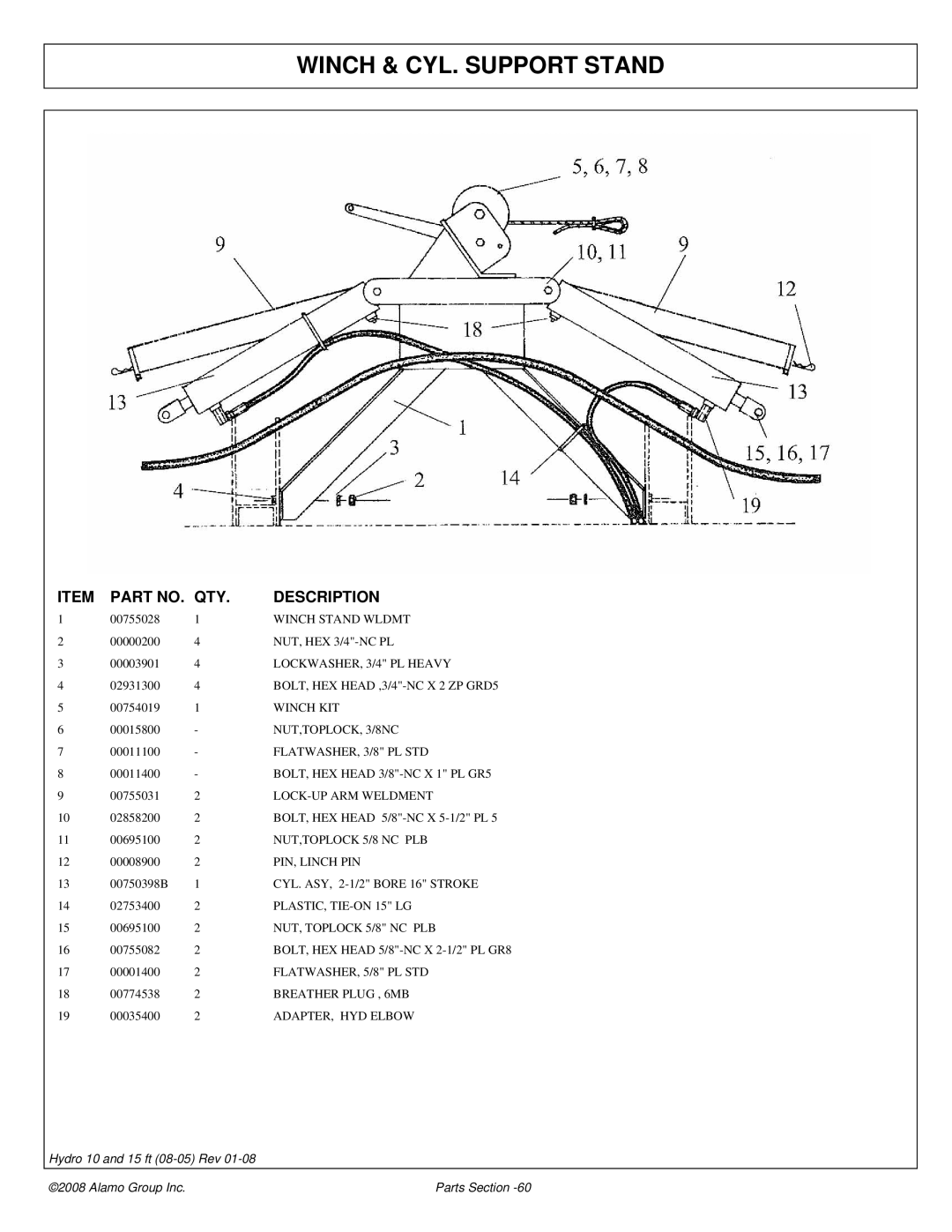 Alamo 15 manual Winch & CYL. Support Stand 