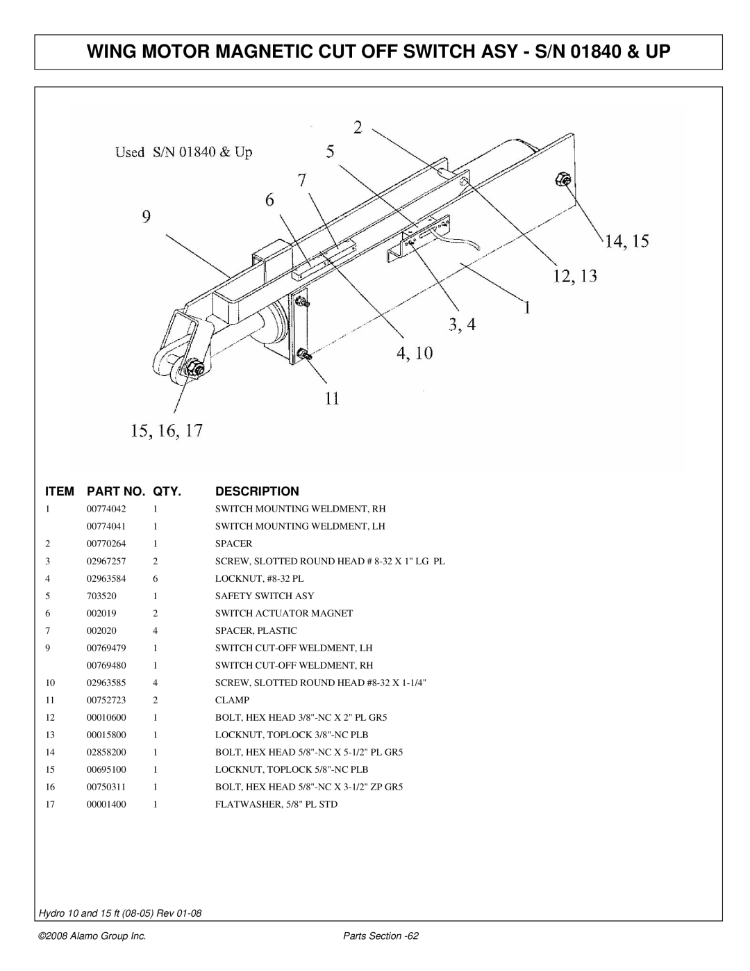Alamo 15 manual Wing Motor Magnetic CUT OFF Switch ASY S/N 01840 & UP 
