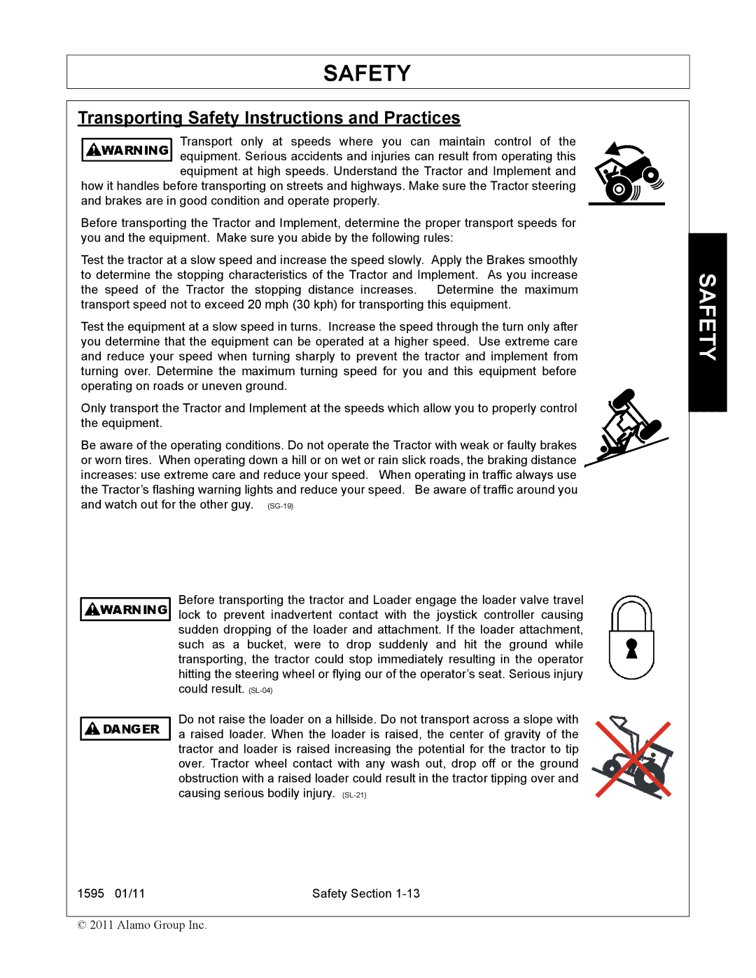 Alamo 1595 manual Transporting Safety Instructions and Practices 