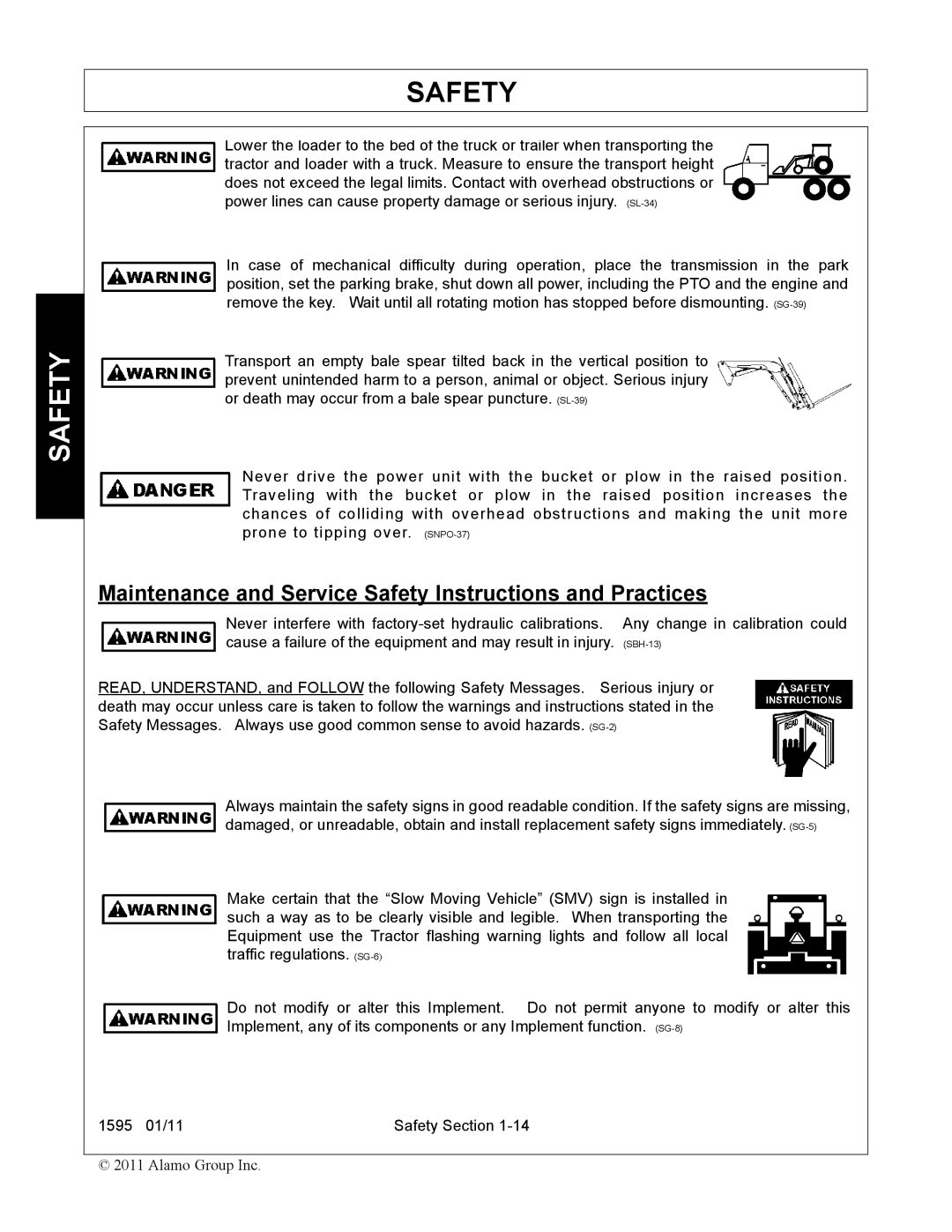 Alamo 1595 manual Maintenance and Service Safety Instructions and Practices 