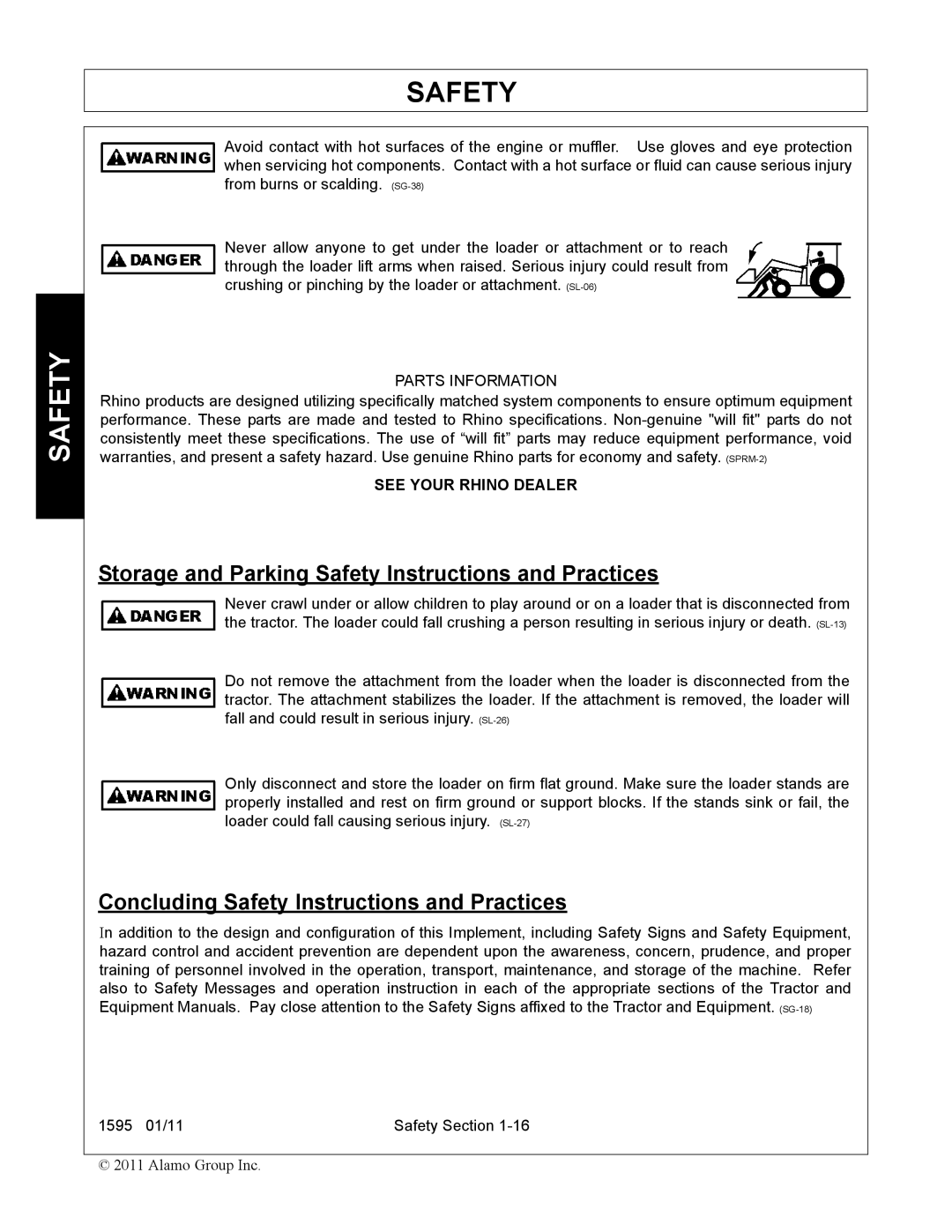 Alamo 1595 manual Storage and Parking Safety Instructions and Practices, Concluding Safety Instructions and Practices 