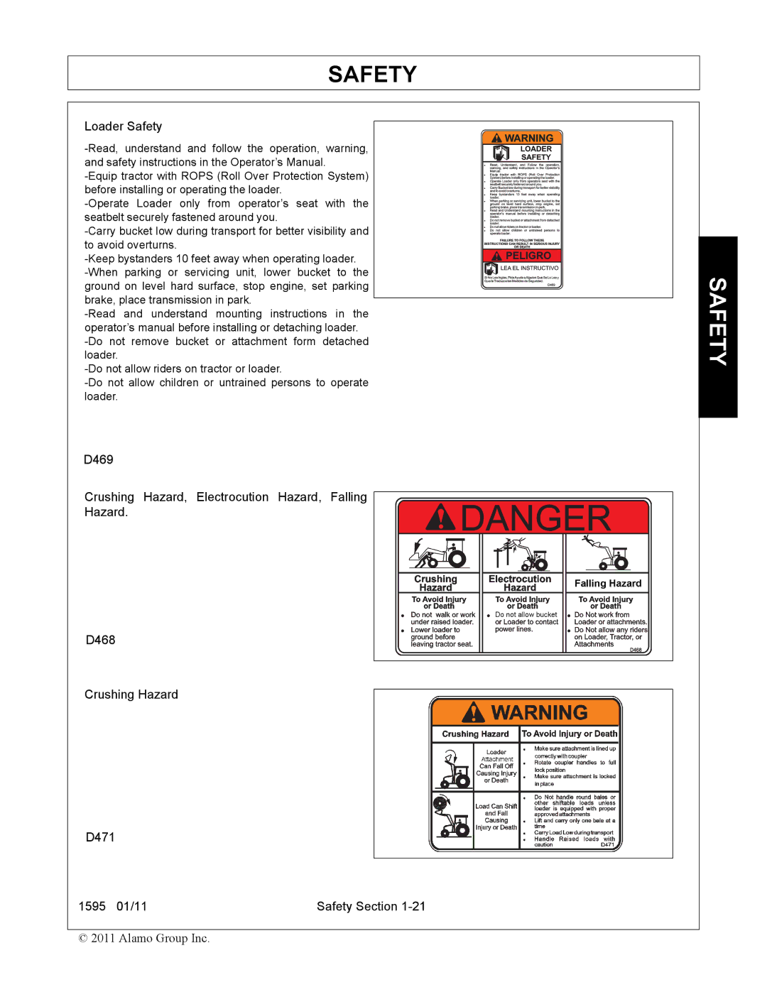 Alamo 1595 manual Loader Safety 