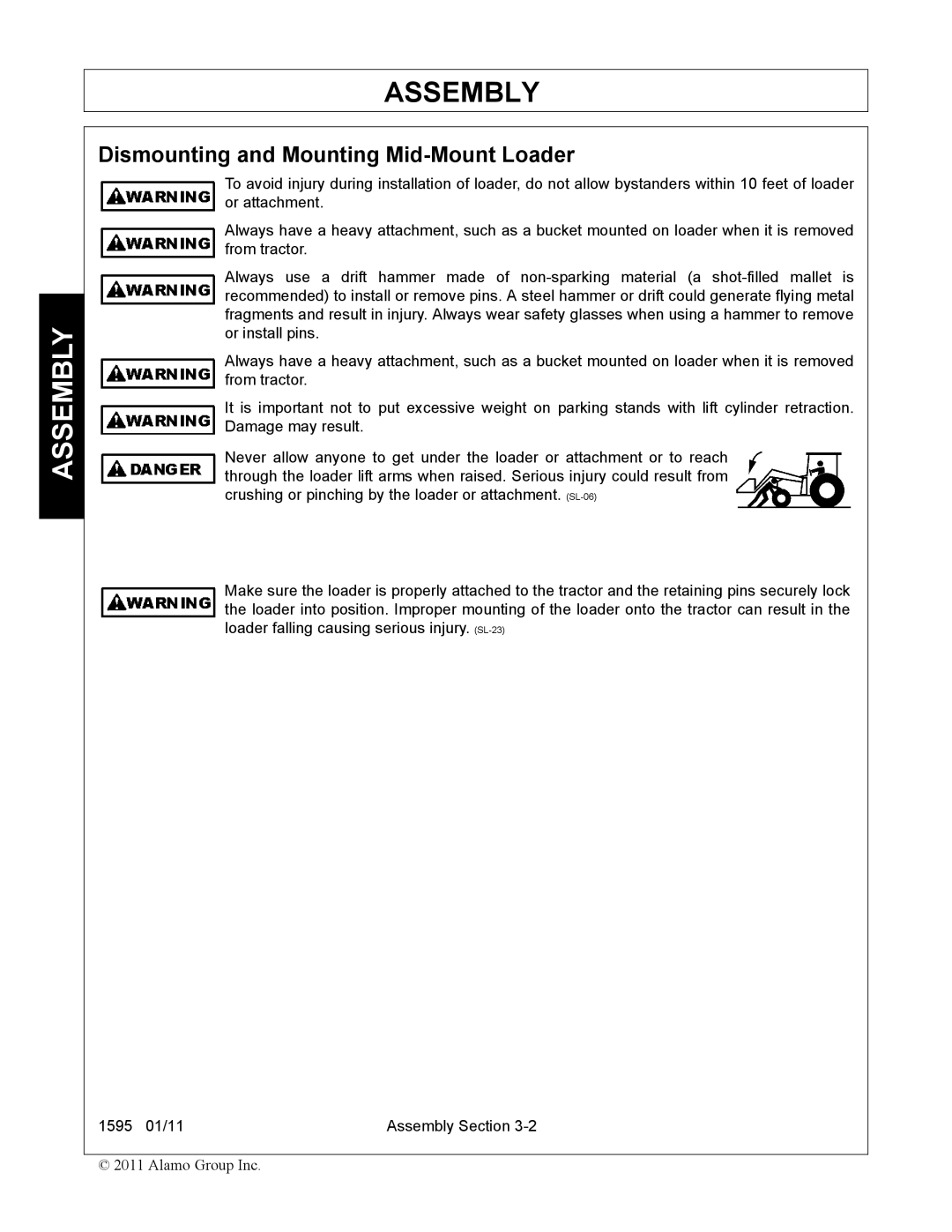 Alamo 1595 manual Assembly, Dismounting and Mounting Mid-Mount Loader 