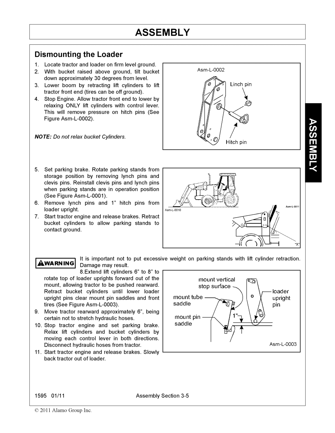 Alamo 1595 manual Dismounting the Loader 