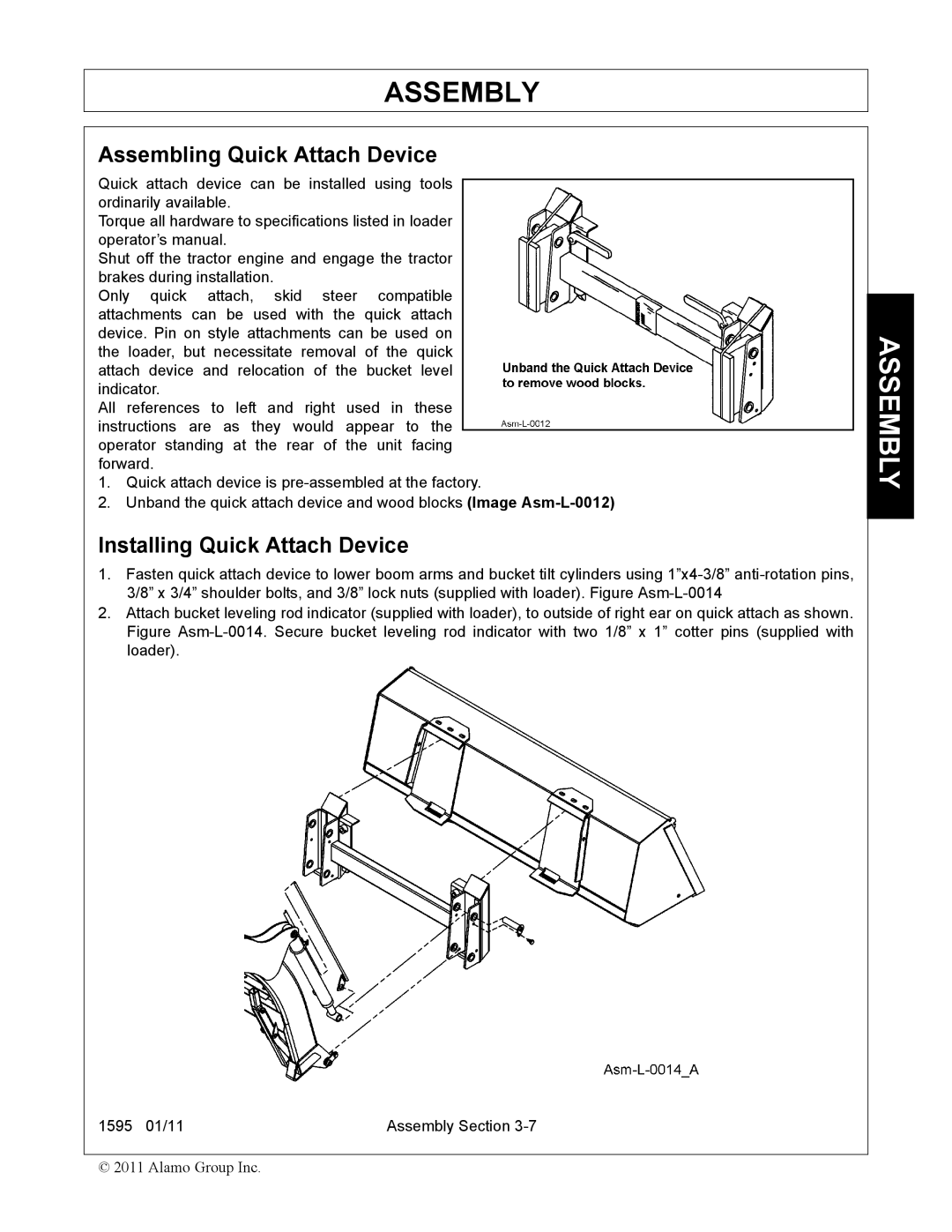 Alamo 1595 manual Assembling Quick Attach Device, Installing Quick Attach Device 