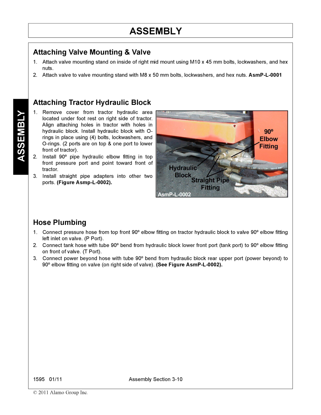 Alamo 1595 manual Attaching Valve Mounting & Valve, Attaching Tractor Hydraulic Block, Hose Plumbing 