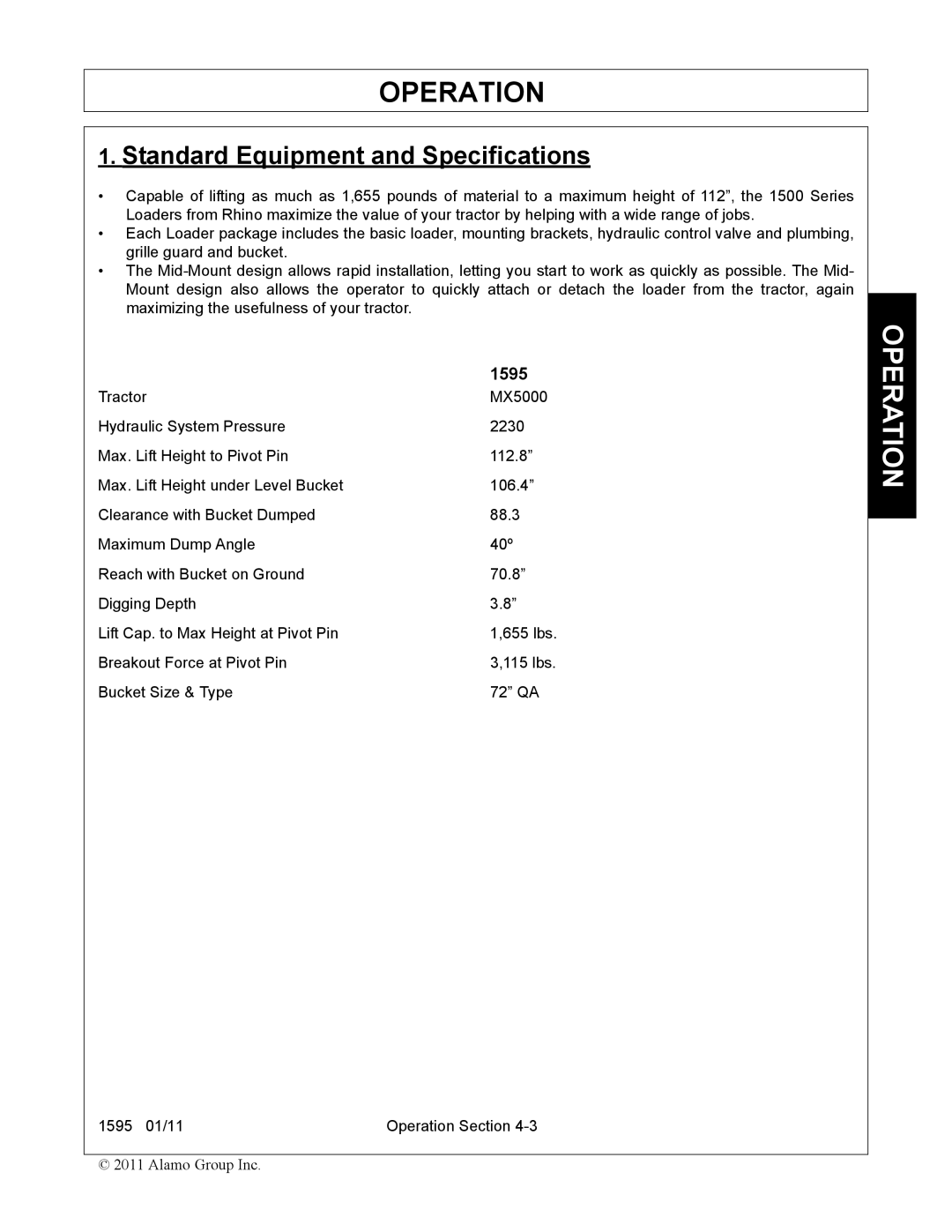 Alamo 1595 manual Standard Equipment and Specifications 