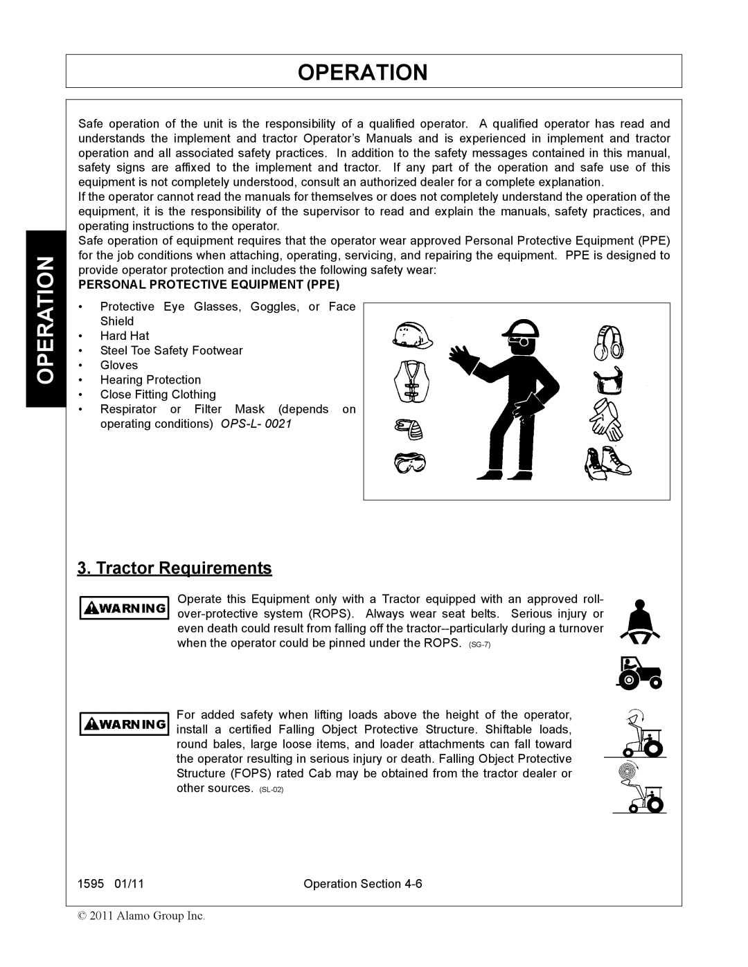 Alamo 1595 manual Tractor Requirements, Personal Protective Equipment PPE 