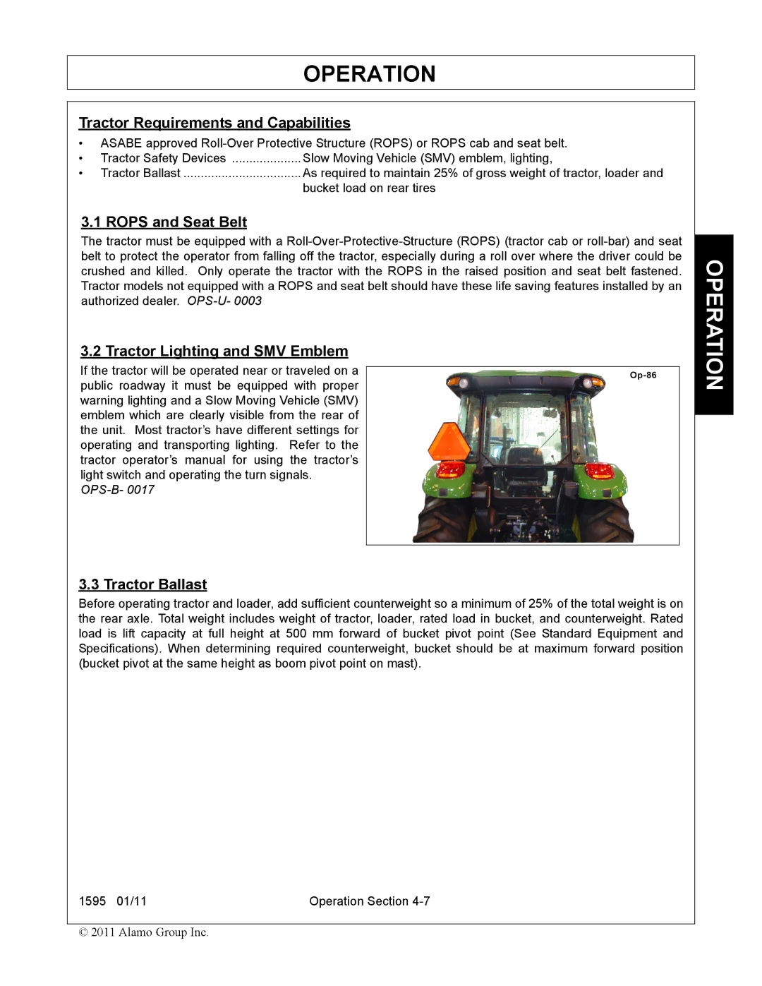 Alamo 1595 Tractor Requirements and Capabilities, Rops and Seat Belt, Tractor Lighting and SMV Emblem, Tractor Ballast 