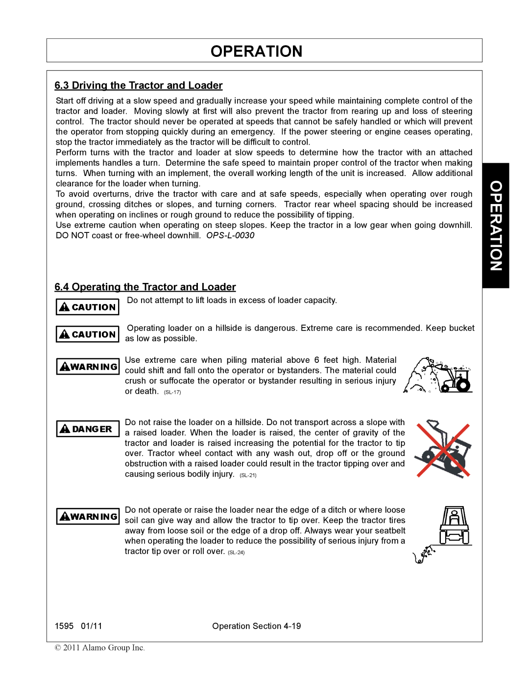 Alamo 1595 manual Driving the Tractor and Loader, Operating the Tractor and Loader 