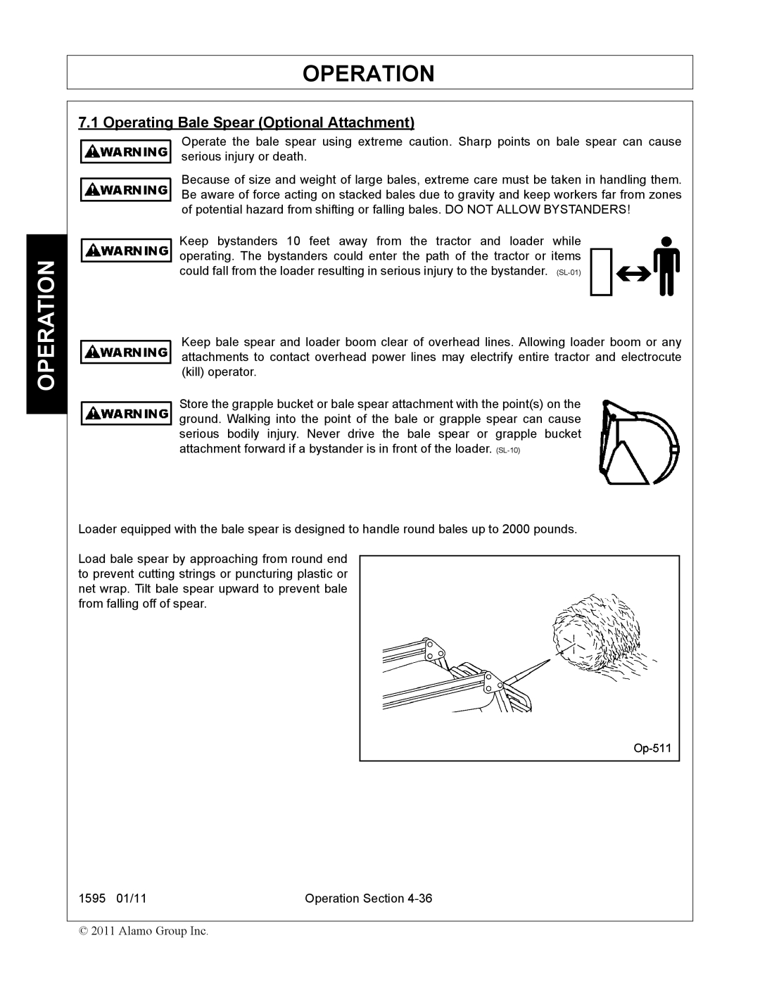 Alamo 1595 manual Operating Bale Spear Optional Attachment 