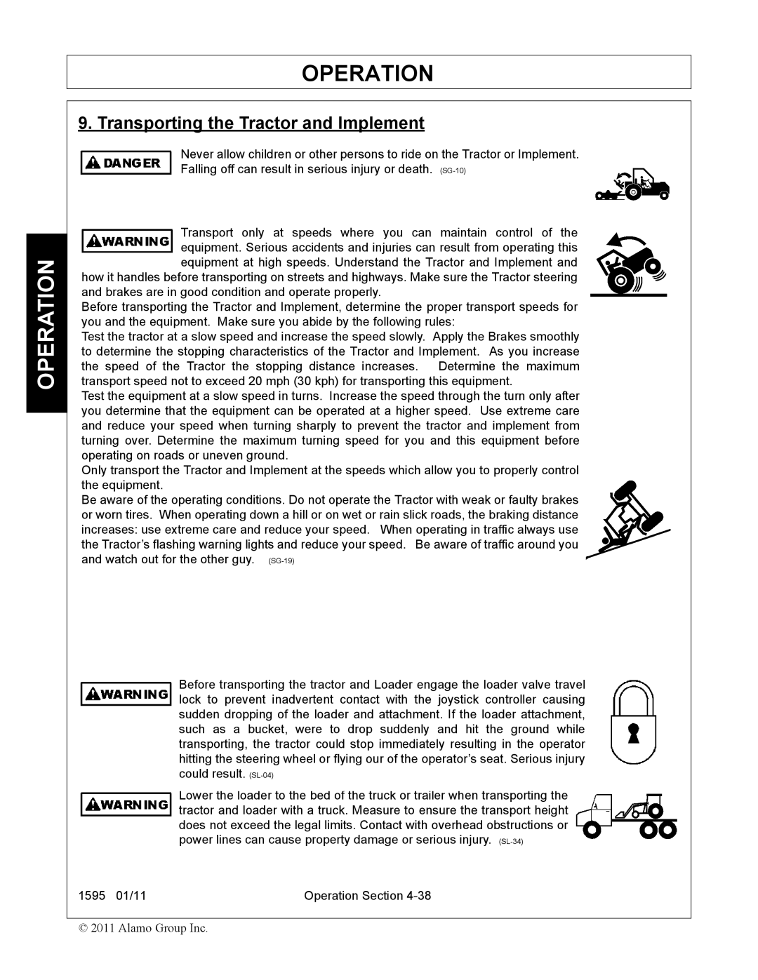 Alamo 1595 manual Transporting the Tractor and Implement 