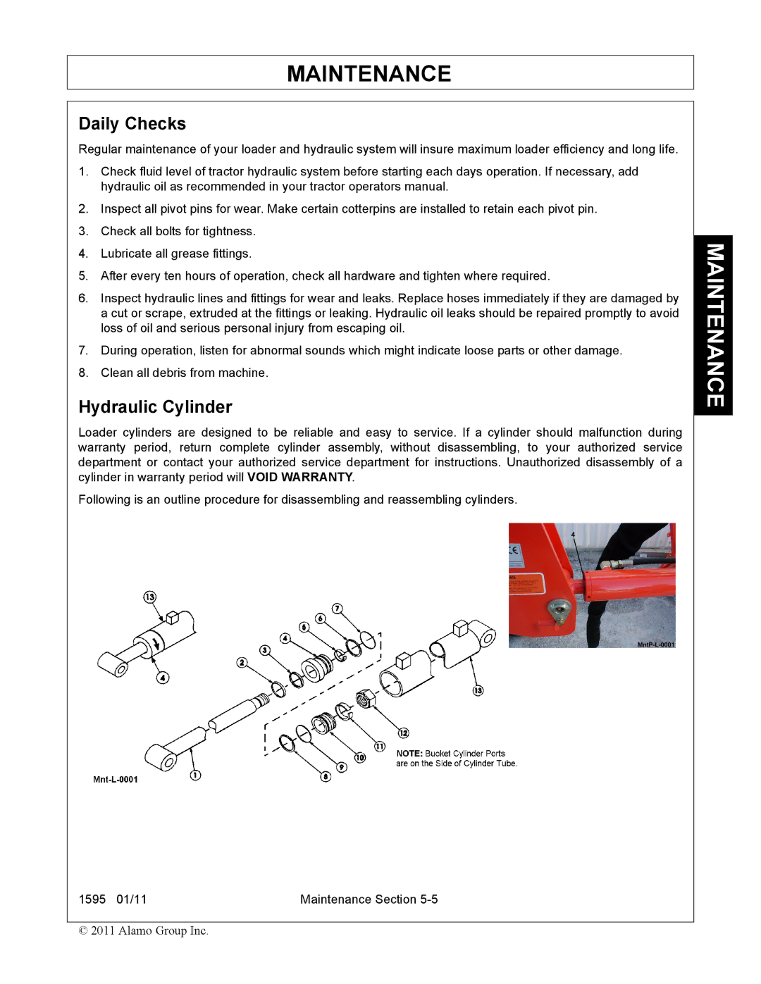 Alamo 1595 manual Daily Checks, Hydraulic Cylinder 