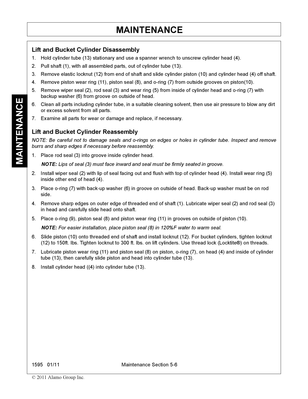 Alamo 1595 manual Lift and Bucket Cylinder Disassembly, Lift and Bucket Cylinder Reassembly 