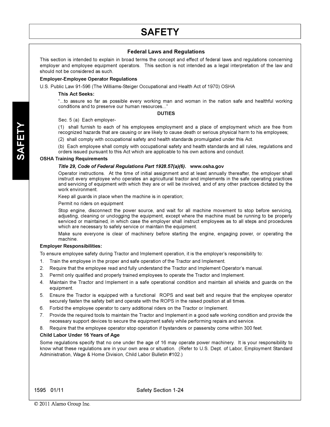 Alamo 1595 manual Safety, Employer-Employee Operator Regulations, This Act Seeks, Duties, OSHA Training Requirements 