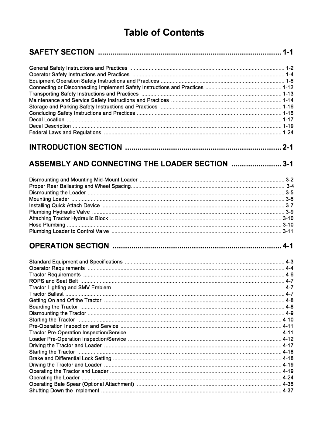 Alamo 1595 manual Table of Contents, Safety Section, Introduction Section, Assembly And Connecting The Loader Section 
