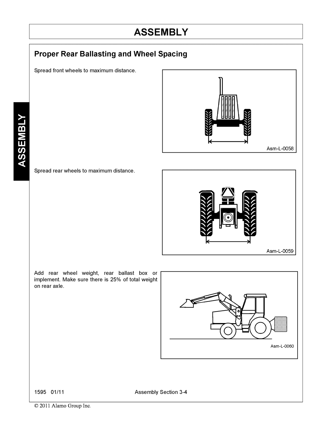 Alamo 1595 manual Assembly, Proper Rear Ballasting and Wheel Spacing 