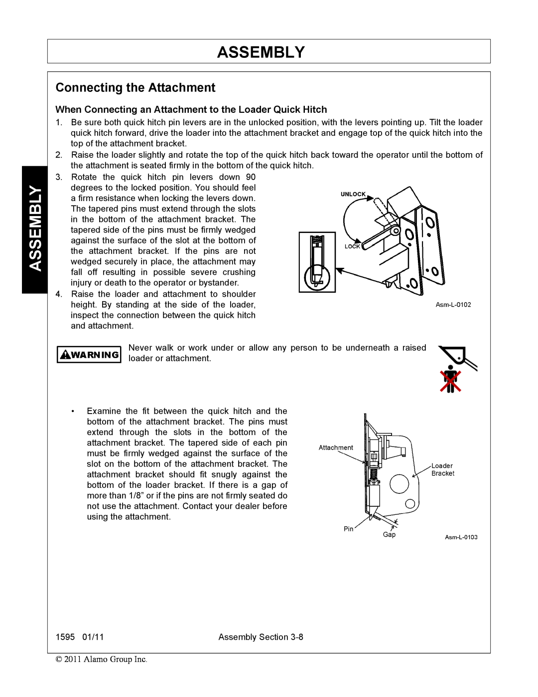 Alamo 1595 manual Assembly, Connecting the Attachment, When Connecting an Attachment to the Loader Quick Hitch 