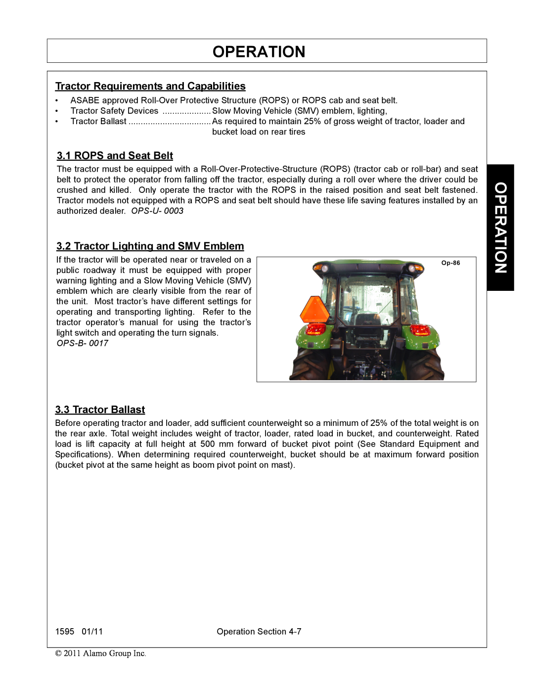 Alamo 1595 Operation, Tractor Requirements and Capabilities, ROPS and Seat Belt, Tractor Lighting and SMV Emblem, Ops-B 