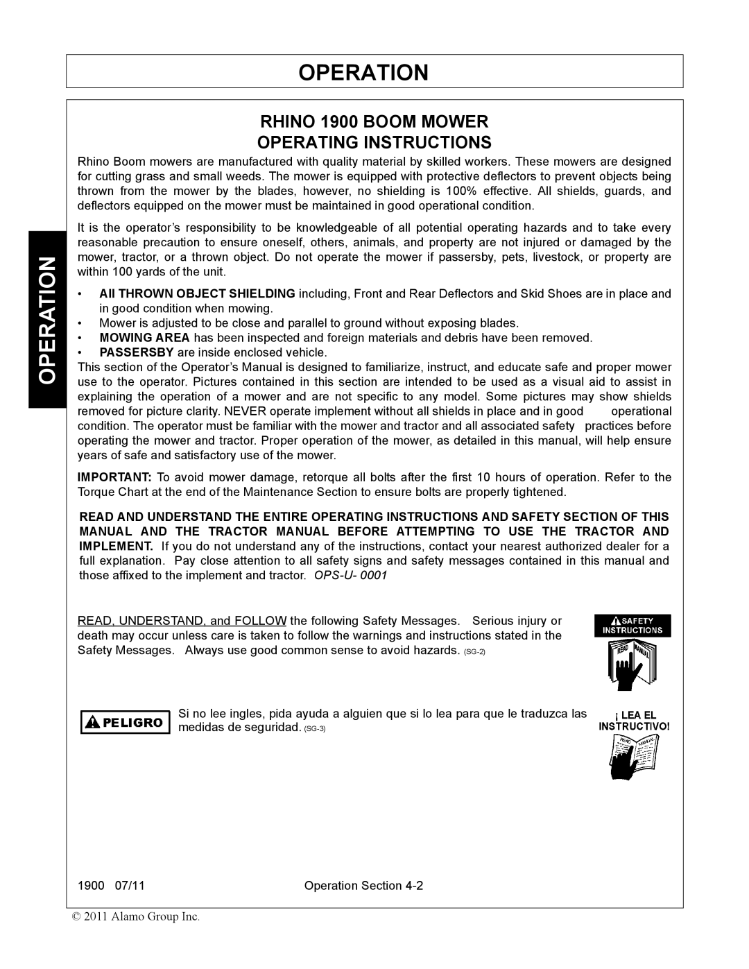 Alamo manual Operation, Rhino 1900 Boom Mower Operating Instructions 