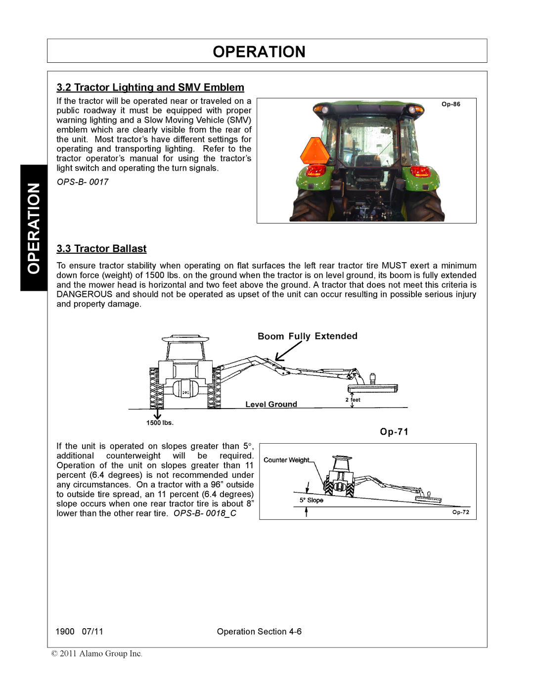 Alamo 1900 manual Tractor Lighting and SMV Emblem, Tractor Ballast 