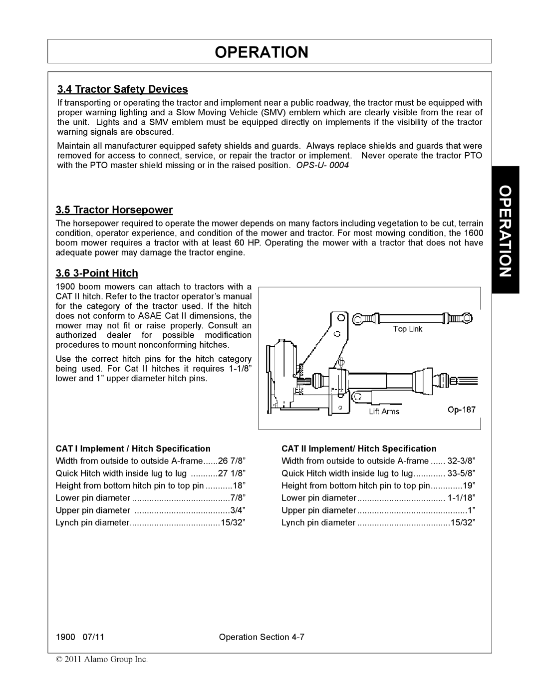 Alamo 1900 manual Tractor Safety Devices, Tractor Horsepower, Point Hitch 