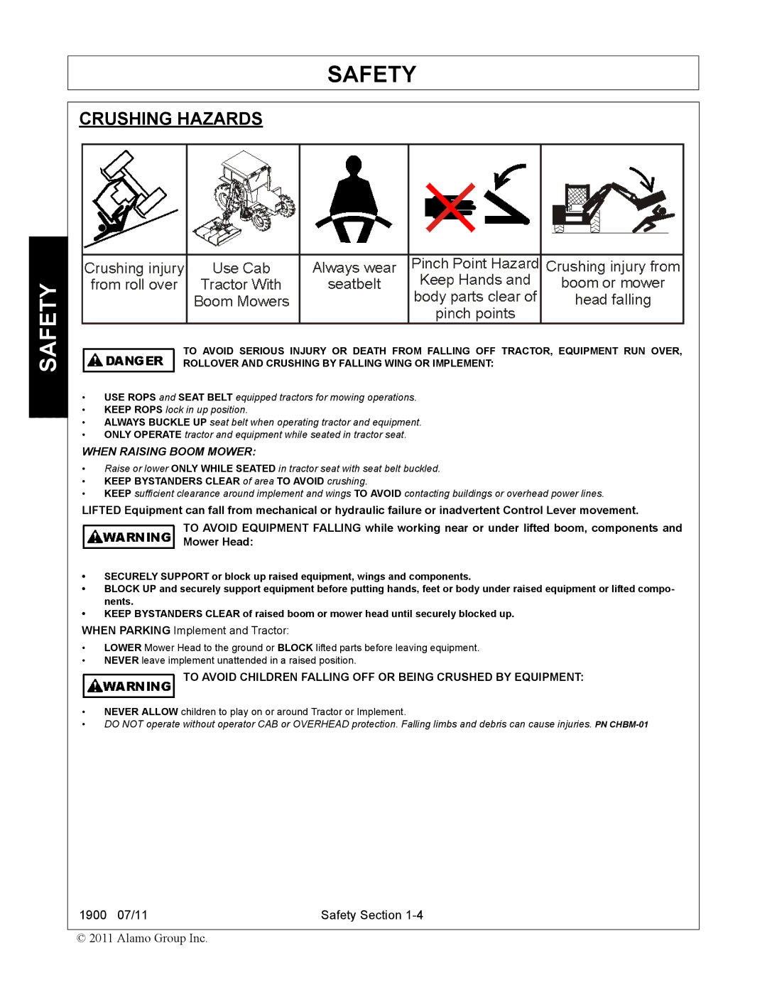 Alamo 1900 manual Crushing Hazards, When Raising Boom Mower 