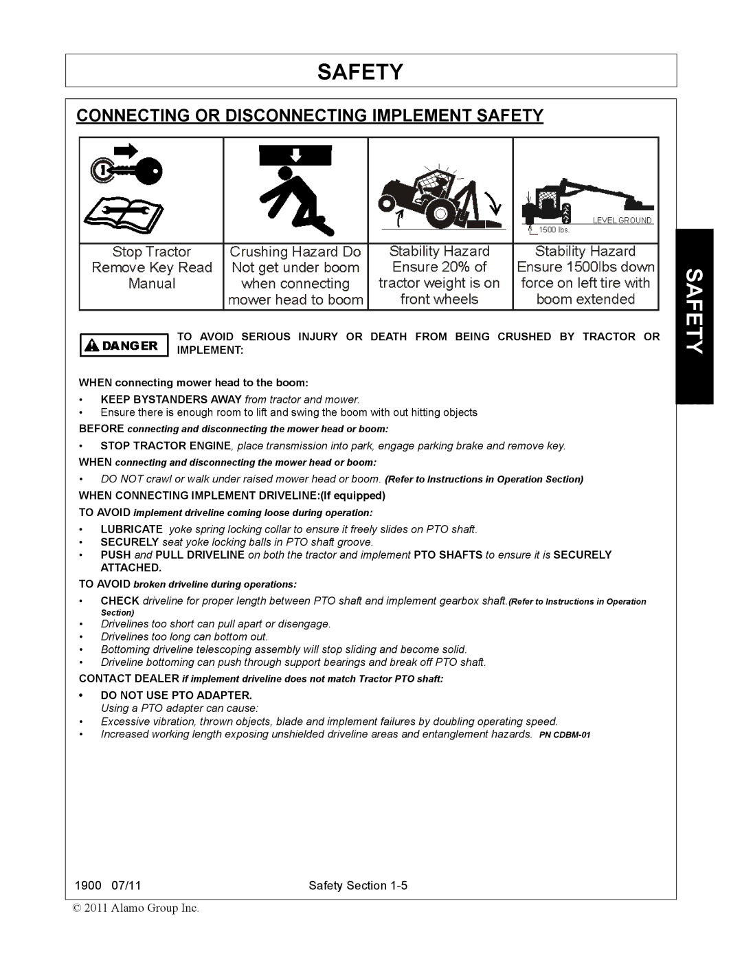 Alamo 1900 manual Connecting or Disconnecting Implement Safety, When connecting mower head to the boom 