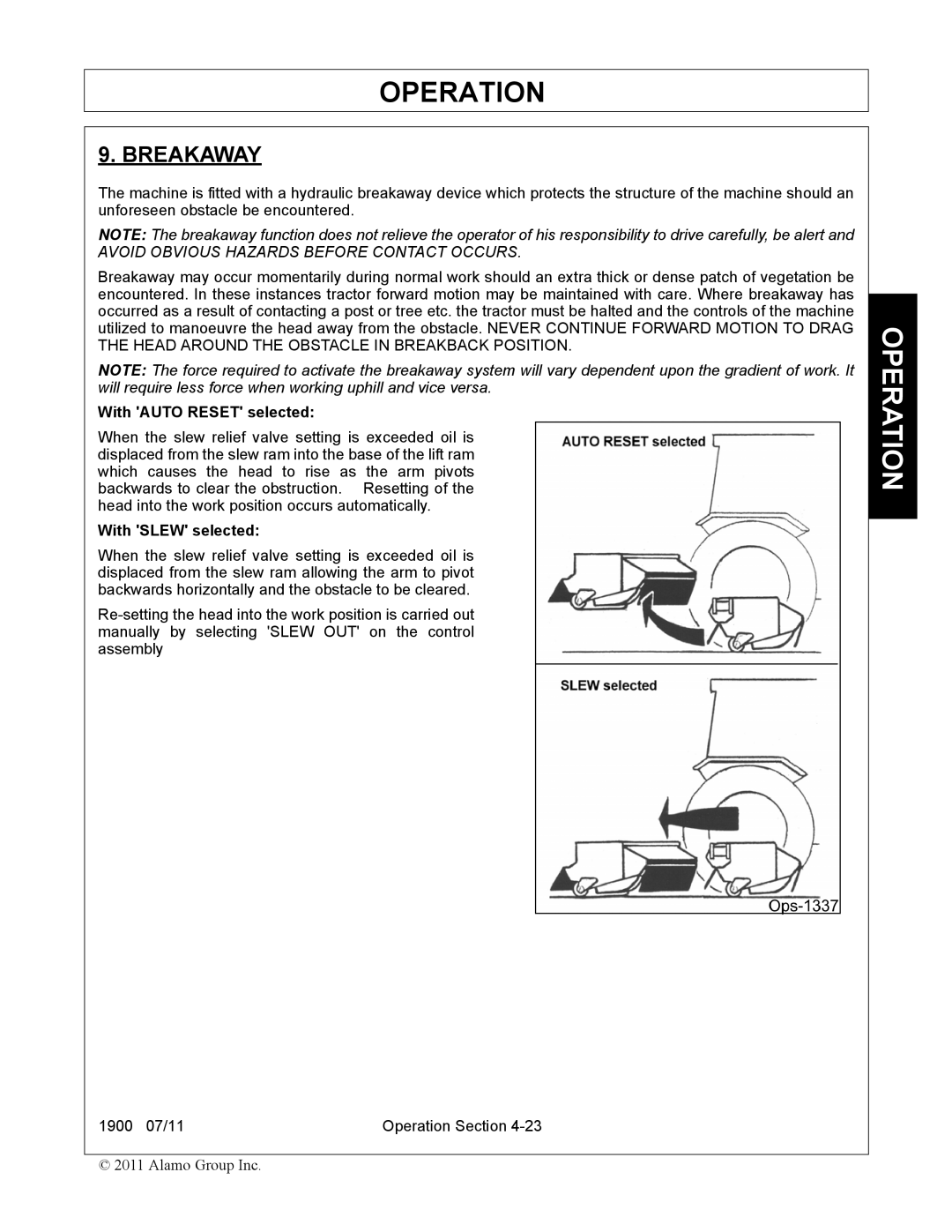 Alamo 1900 manual Breakaway, With Auto Reset selected, With Slew selected 