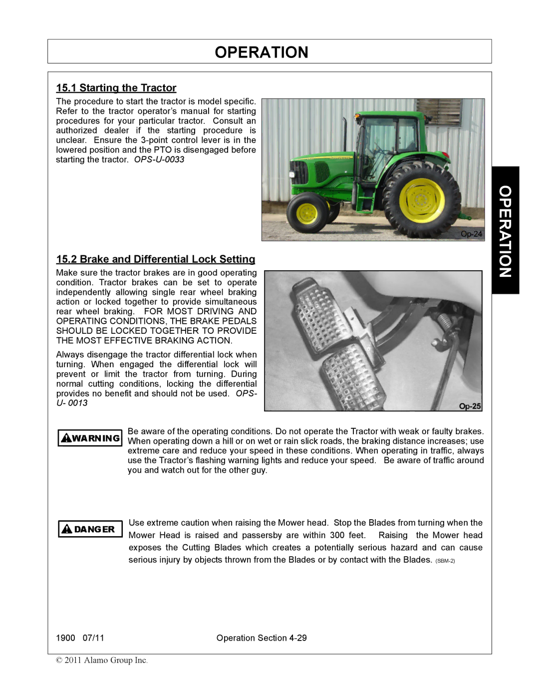 Alamo 1900 manual Starting the Tractor, Brake and Differential Lock Setting 