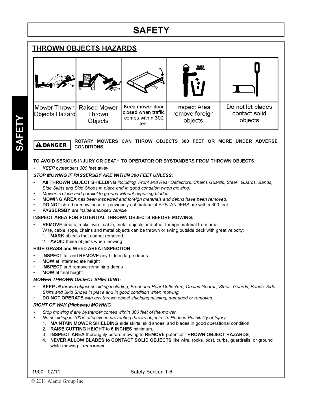 Alamo 1900 manual Thrown Objects Hazards, Stop Mowing if Passersby are Within 300 Feet Unless 