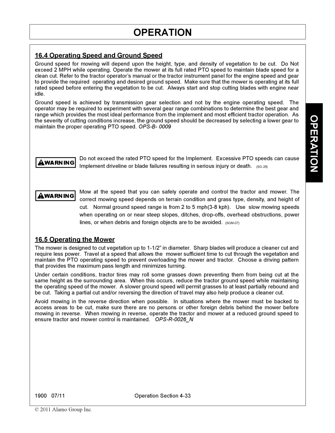 Alamo 1900 manual Operating Speed and Ground Speed, Operating the Mower 