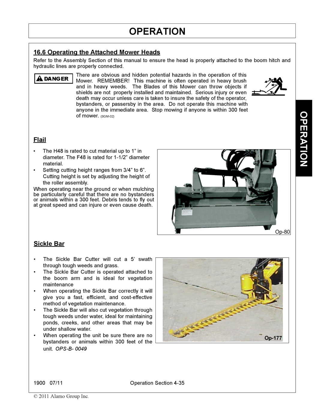 Alamo 1900 manual Operating the Attached Mower Heads, Flail, Sickle Bar 