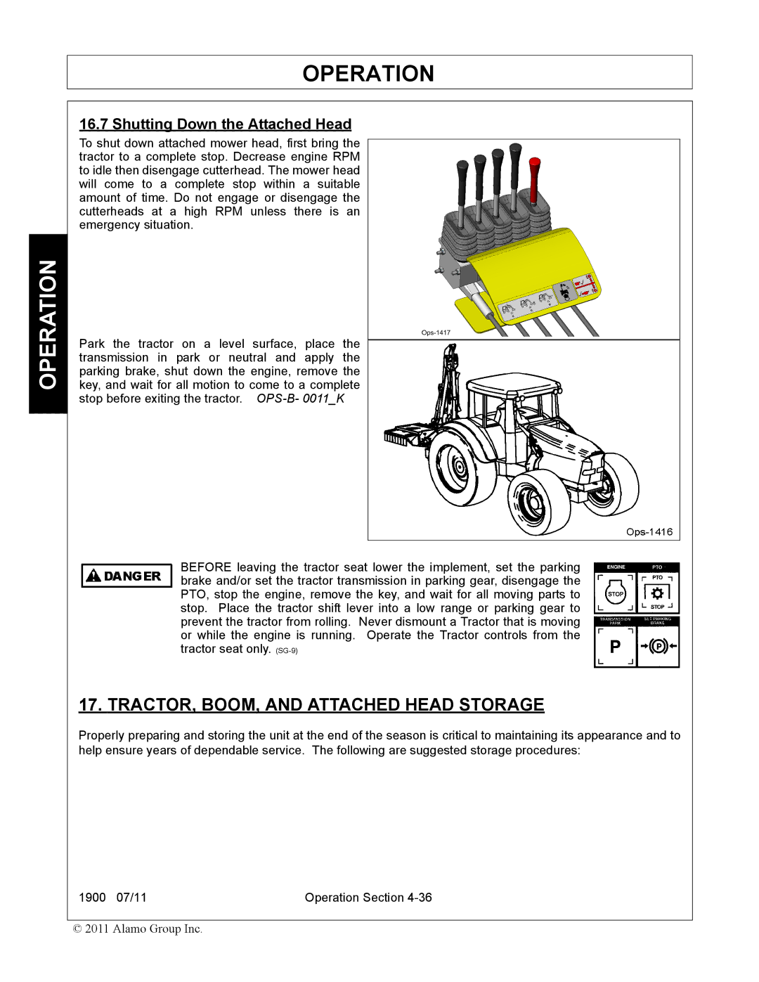 Alamo 1900 manual TRACTOR, BOOM, and Attached Head Storage, Shutting Down the Attached Head 