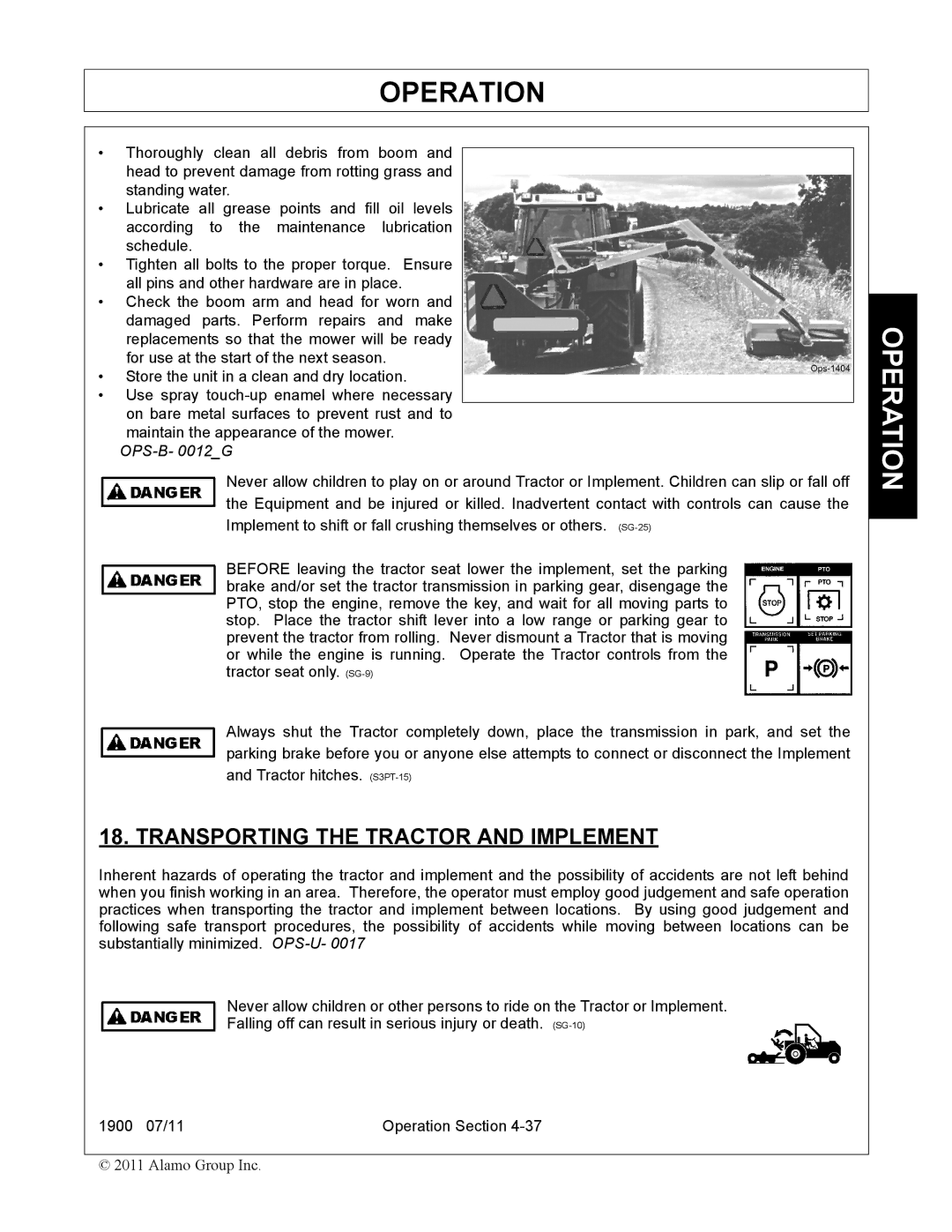 Alamo 1900 manual Transporting the Tractor and Implement, OPS-B- 0012G 