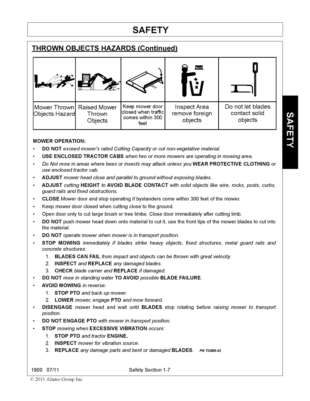 Alamo 1900 manual Thrown Objects Hazards, Avoid Mowing in reverse 