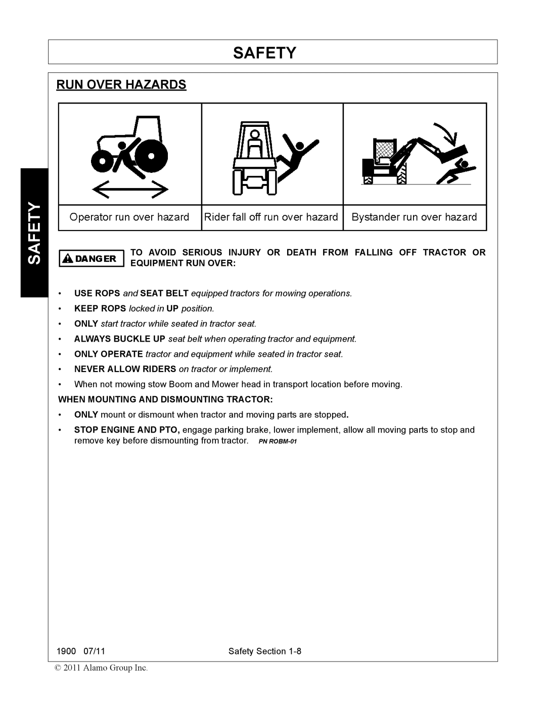 Alamo 1900 manual RUN Over Hazards, When Mounting and Dismounting Tractor 