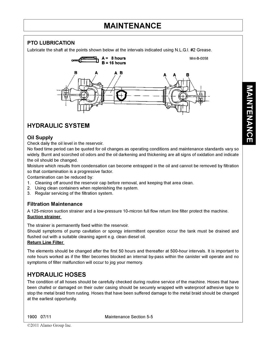 Alamo 1900 manual Hydraulic System, Hydraulic Hoses, Oil Supply, Filtration Maintenance 