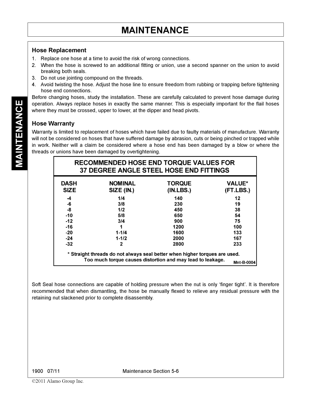 Alamo 1900 manual Hose Replacement, Hose Warranty 