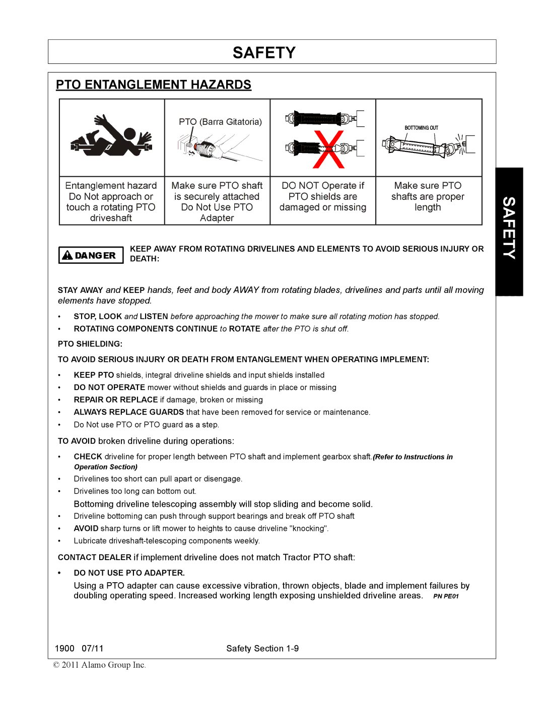 Alamo 1900 manual PTO Entanglement Hazards, To Avoid broken driveline during operations 